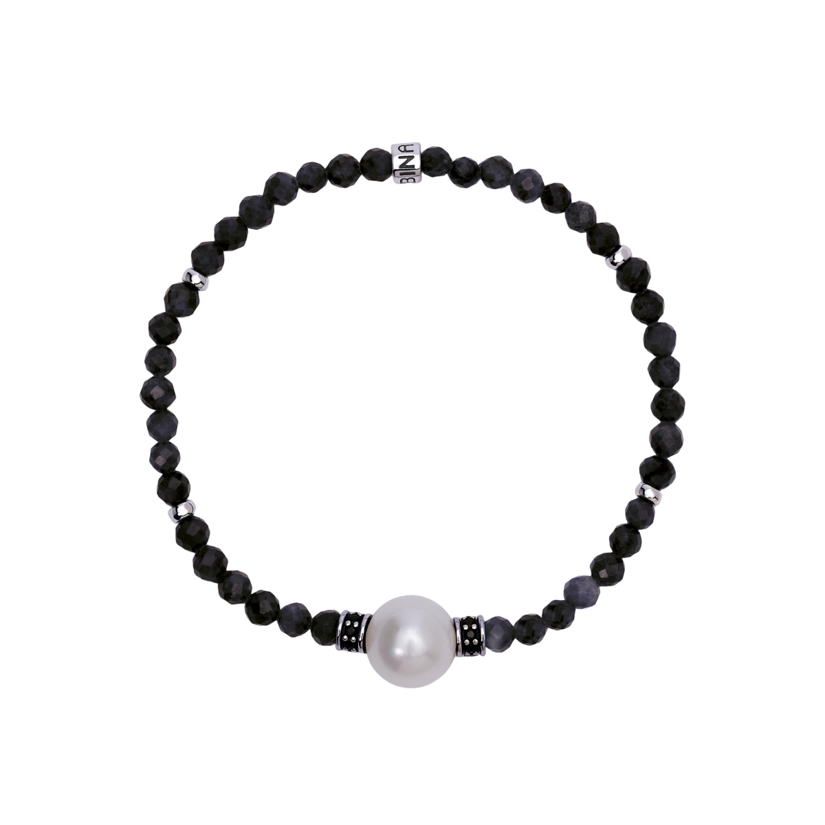 PULSERA MABINA PLATA ÁGATA NEGRA Y PERLA GRIS - 533717